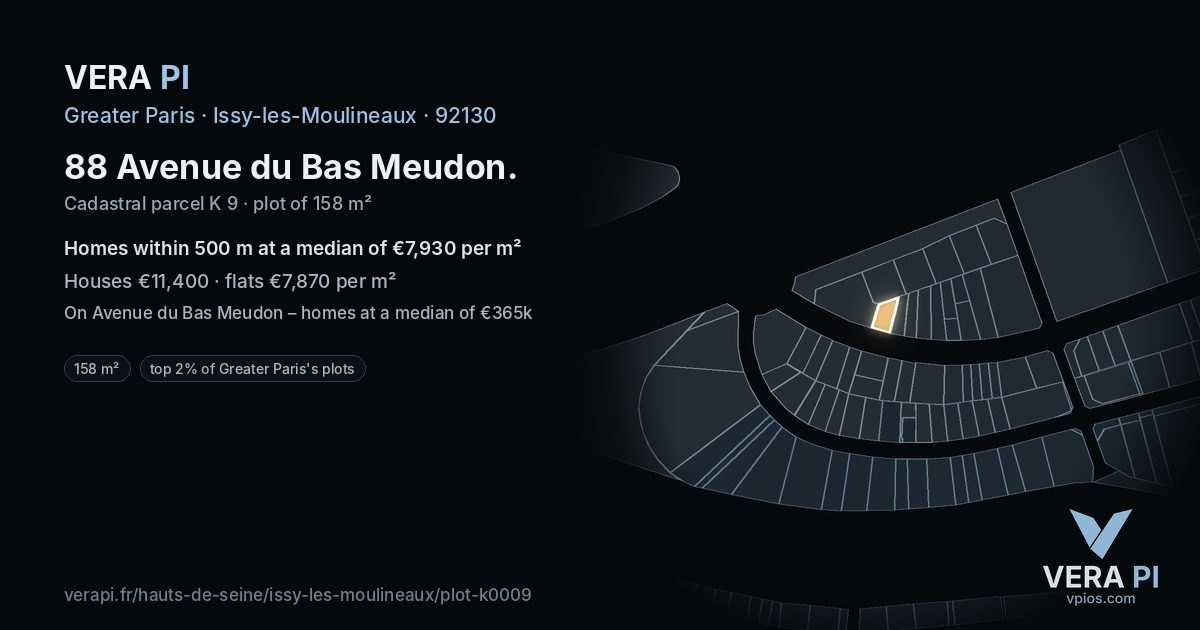 88 Avenue du Bas Meudon, Issy-les-Moulineaux at night – the plot lit, the parcels around coloured by the prices near them