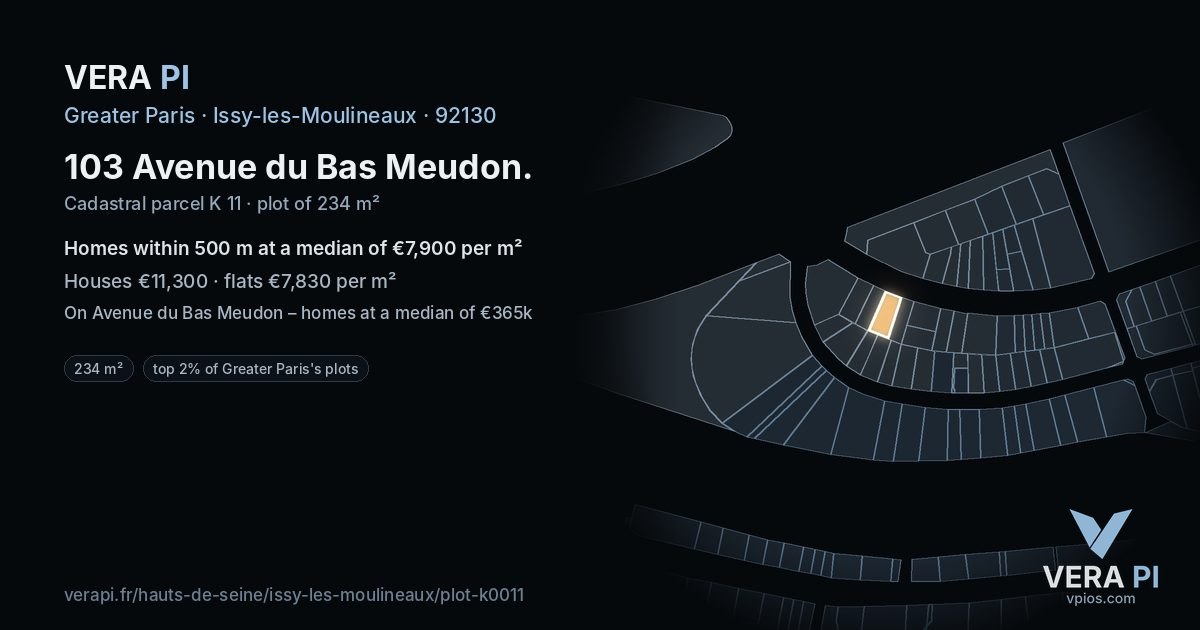 103 Avenue du Bas Meudon, Issy-les-Moulineaux at night – the plot lit, the parcels around coloured by the prices near them