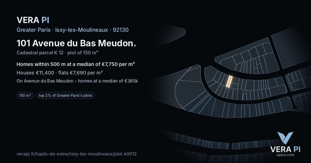 101 Avenue du Bas Meudon, Issy-les-Moulineaux at night – the plot lit, the parcels around coloured by the prices near them