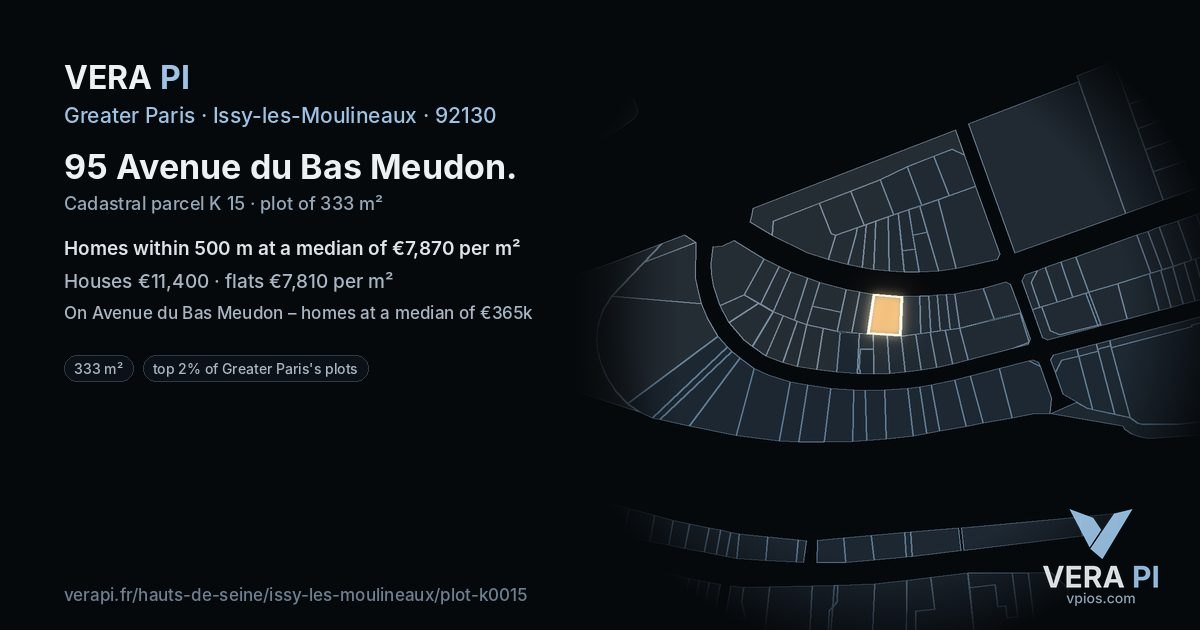 95 Avenue du Bas Meudon, Issy-les-Moulineaux at night – the plot lit, the parcels around coloured by the prices near them