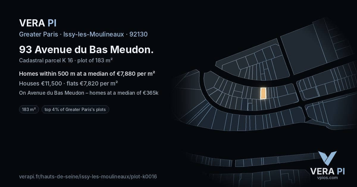 93 Avenue du Bas Meudon, Issy-les-Moulineaux at night – the plot lit, the parcels around coloured by the prices near them