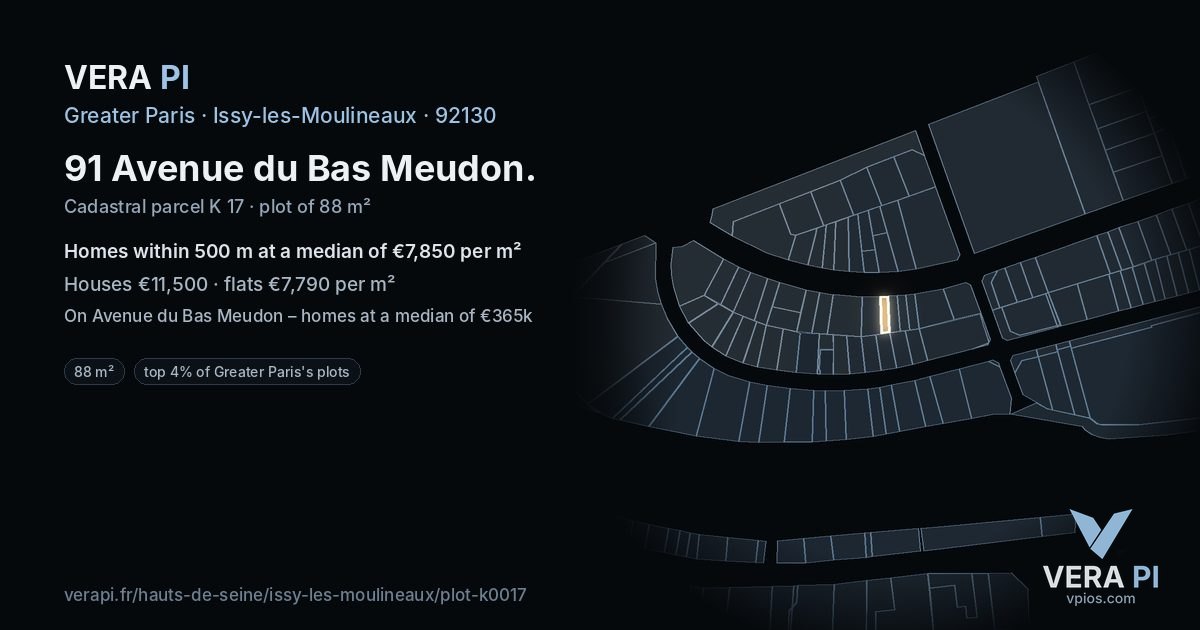 91 Avenue du Bas Meudon, Issy-les-Moulineaux at night – the plot lit, the parcels around coloured by the prices near them