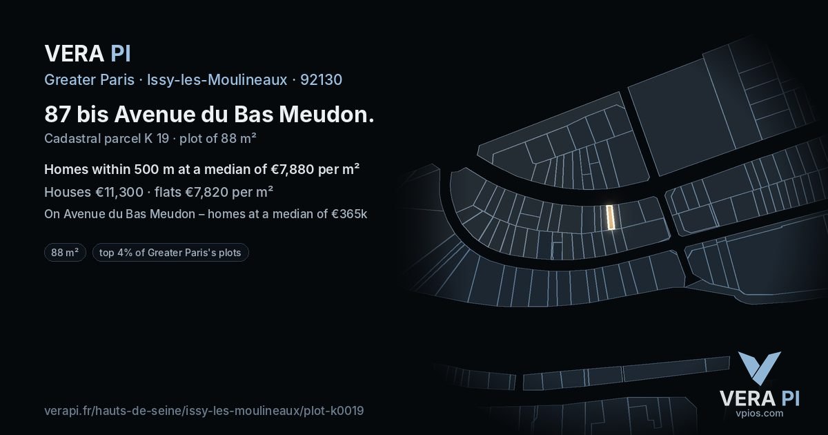87 bis Avenue du Bas Meudon, Issy-les-Moulineaux at night – the plot lit, the parcels around coloured by the prices near them