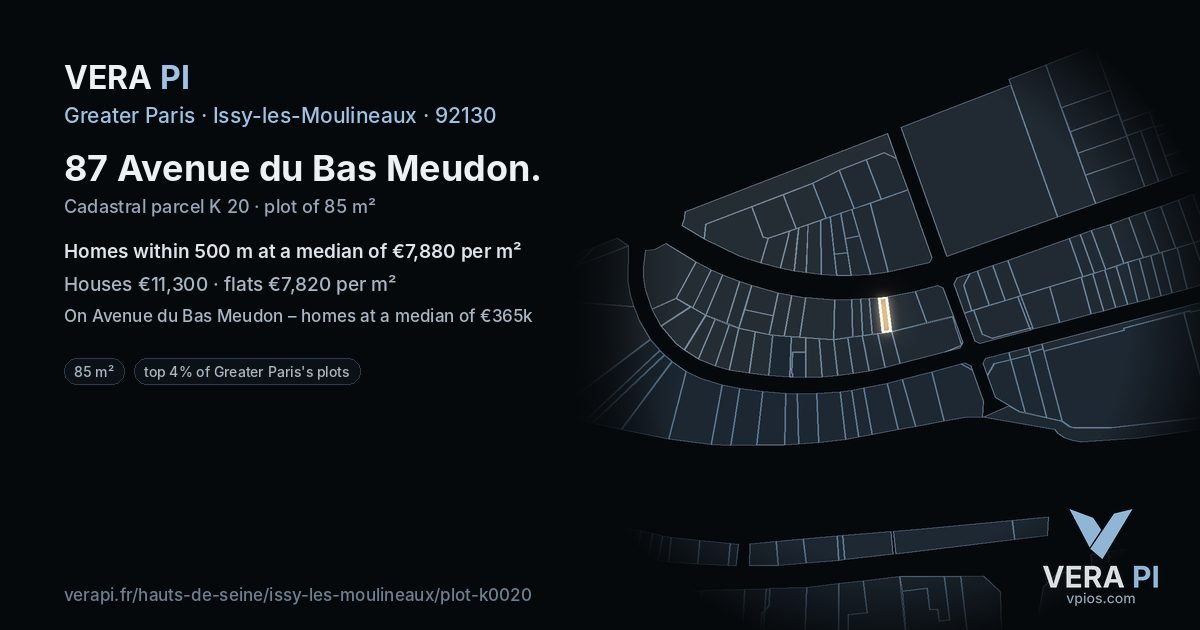 87 Avenue du Bas Meudon, Issy-les-Moulineaux at night – the plot lit, the parcels around coloured by the prices near them