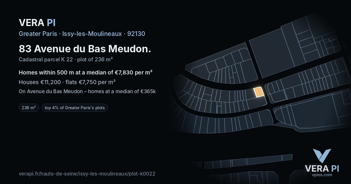 83 Avenue du Bas Meudon, Issy-les-Moulineaux at night – the plot lit, the parcels around coloured by the prices near them