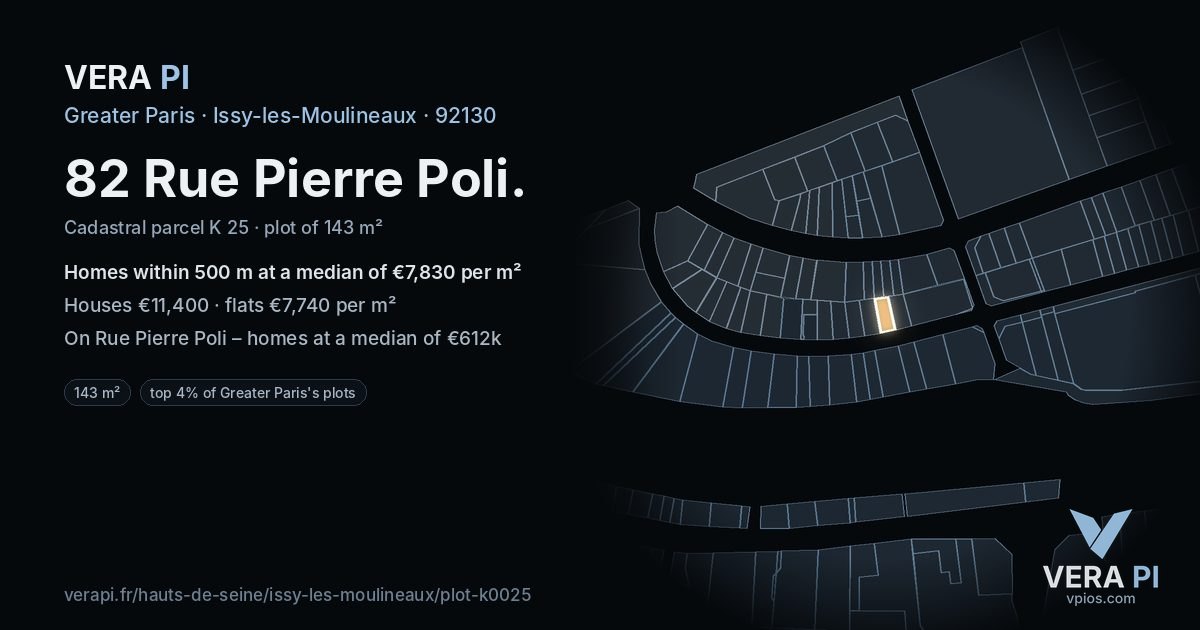 82 Rue Pierre Poli, Issy-les-Moulineaux at night – the plot lit, the parcels around coloured by the prices near them