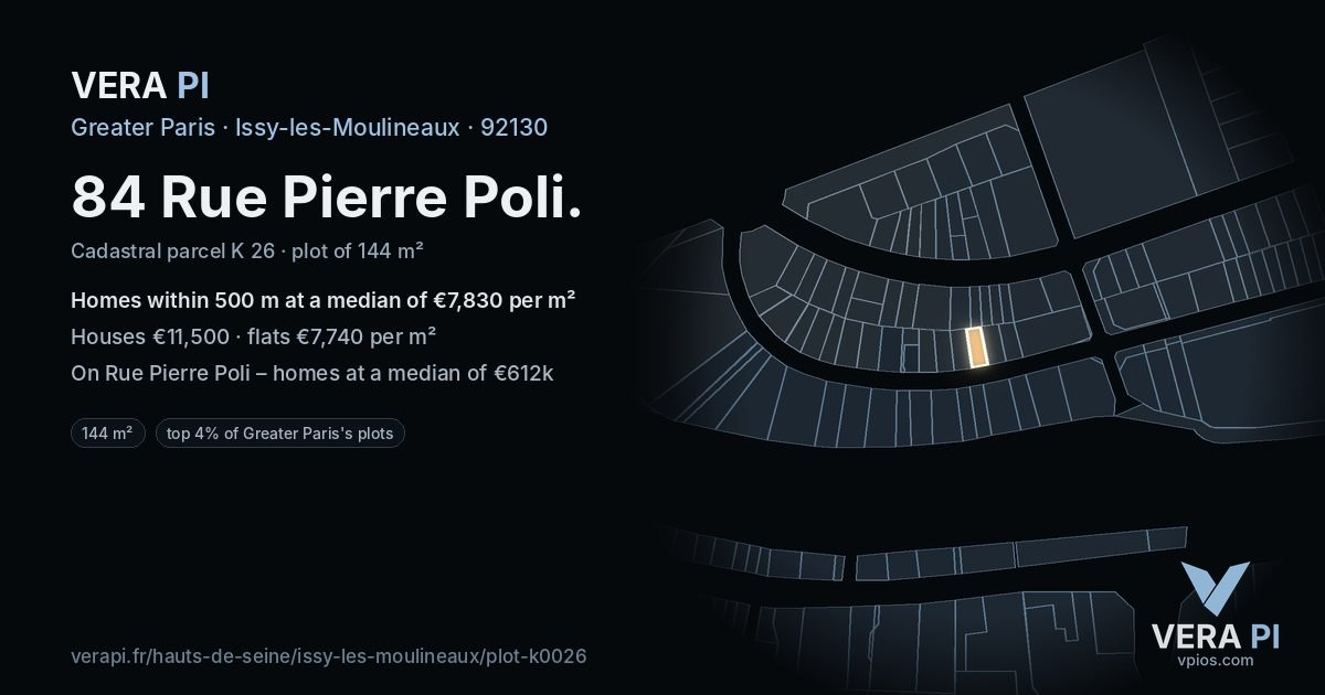 84 Rue Pierre Poli, Issy-les-Moulineaux at night – the plot lit, the parcels around coloured by the prices near them