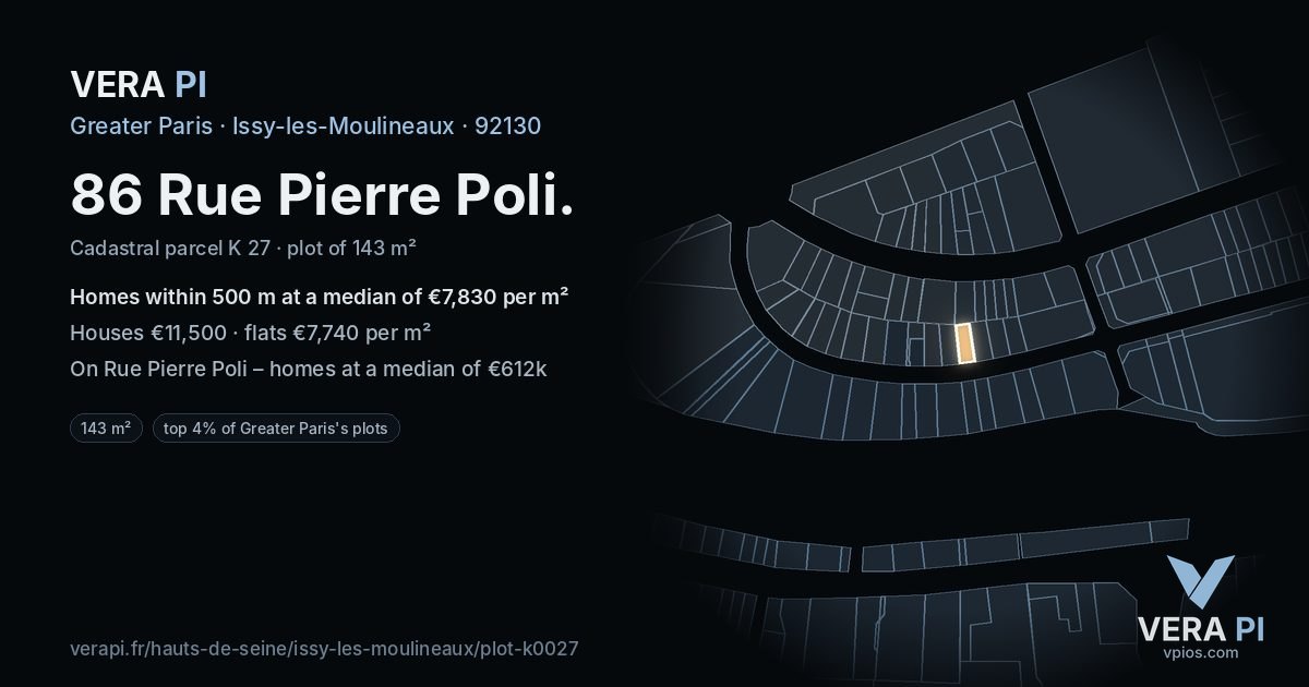 86 Rue Pierre Poli, Issy-les-Moulineaux at night – the plot lit, the parcels around coloured by the prices near them