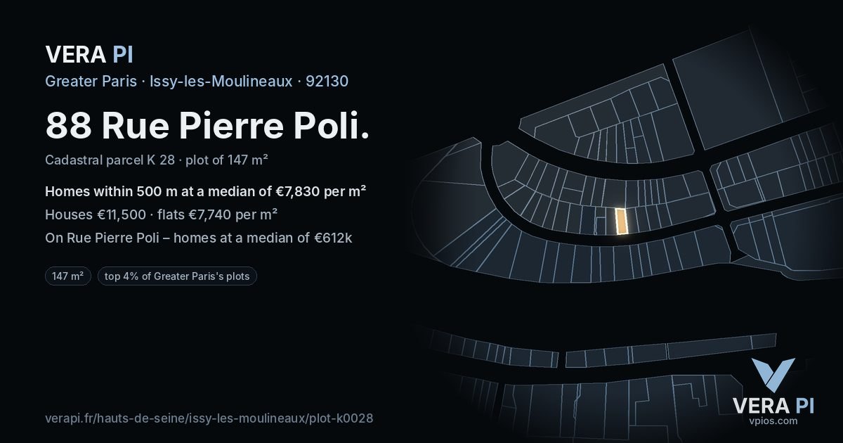 88 Rue Pierre Poli, Issy-les-Moulineaux at night – the plot lit, the parcels around coloured by the prices near them