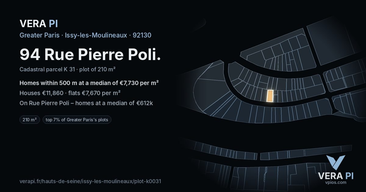 94 Rue Pierre Poli, Issy-les-Moulineaux at night – the plot lit, the parcels around coloured by the prices near them