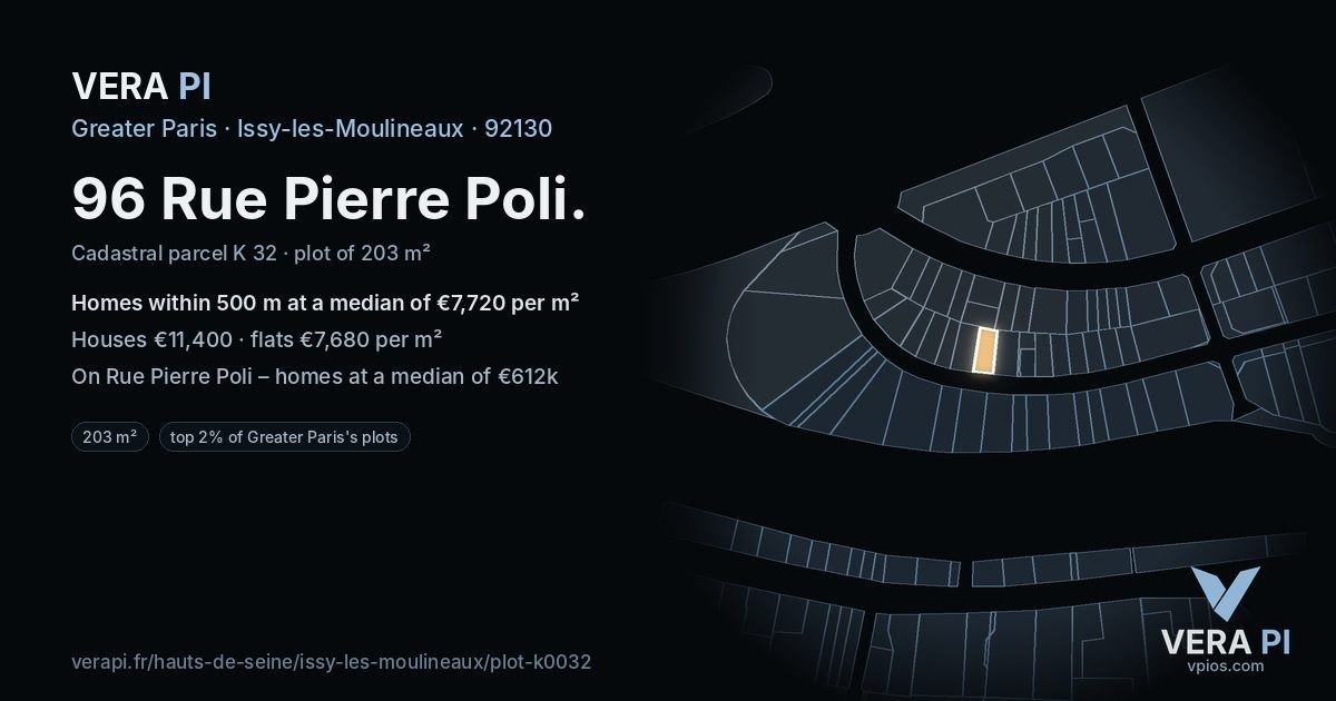 96 Rue Pierre Poli, Issy-les-Moulineaux at night – the plot lit, the parcels around coloured by the prices near them