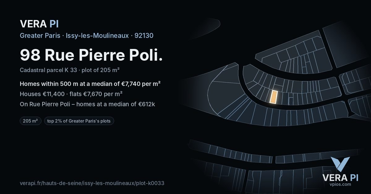 98 Rue Pierre Poli, Issy-les-Moulineaux at night – the plot lit, the parcels around coloured by the prices near them