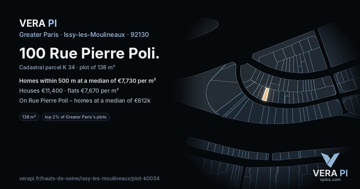 100 Rue Pierre Poli, Issy-les-Moulineaux at night – the plot lit, the parcels around coloured by the prices near them