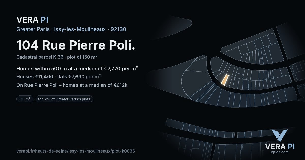 104 Rue Pierre Poli, Issy-les-Moulineaux at night – the plot lit, the parcels around coloured by the prices near them