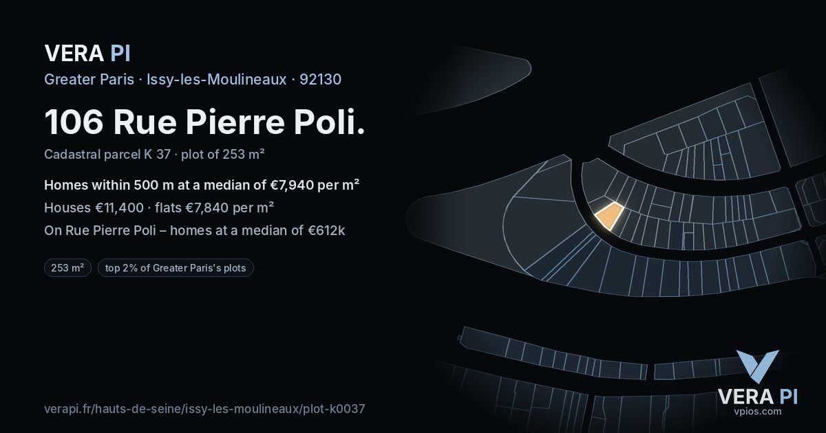 106 Rue Pierre Poli, Issy-les-Moulineaux at night – the plot lit, the parcels around coloured by the prices near them