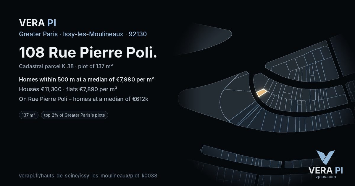 108 Rue Pierre Poli, Issy-les-Moulineaux at night – the plot lit, the parcels around coloured by the prices near them