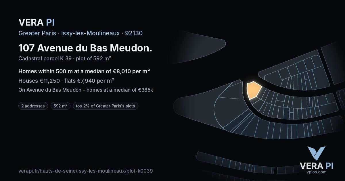 107 Avenue du Bas Meudon, Issy-les-Moulineaux at night – the plot lit, the parcels around coloured by the prices near them