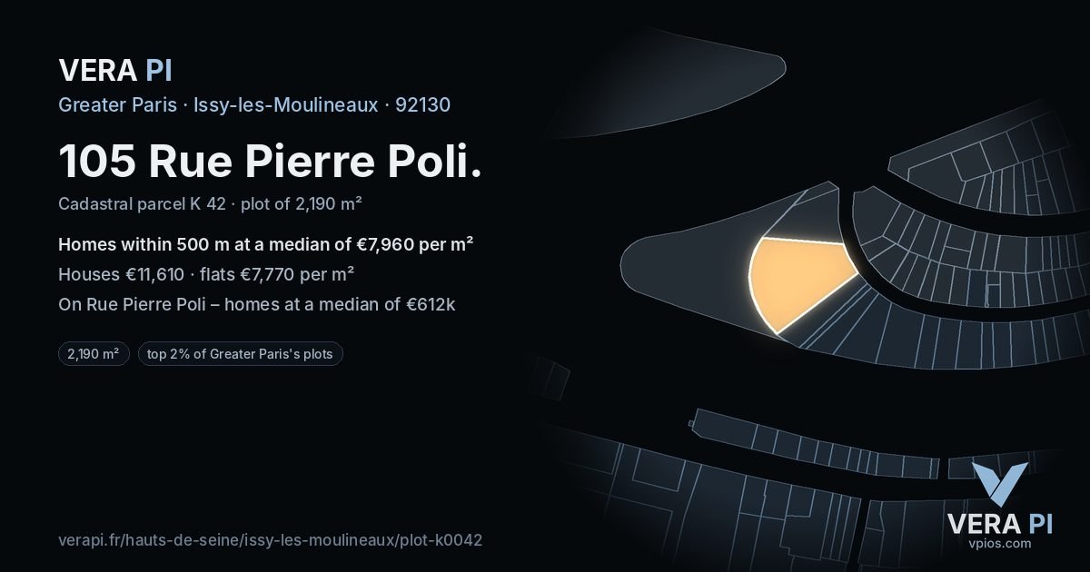105 Rue Pierre Poli, Issy-les-Moulineaux at night – the plot lit, the parcels around coloured by the prices near them