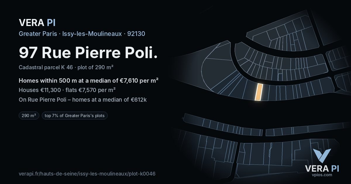 97 Rue Pierre Poli, Issy-les-Moulineaux at night – the plot lit, the parcels around coloured by the prices near them