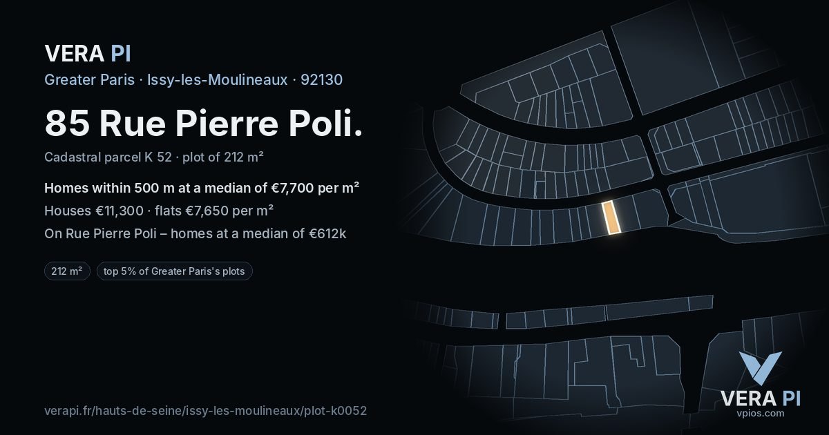 85 Rue Pierre Poli, Issy-les-Moulineaux at night – the plot lit, the parcels around coloured by the prices near them