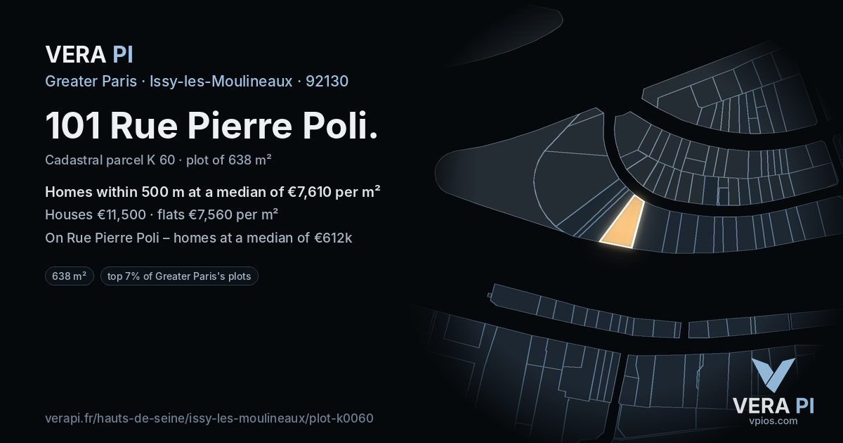 101 Rue Pierre Poli, Issy-les-Moulineaux at night – the plot lit, the parcels around coloured by the prices near them
