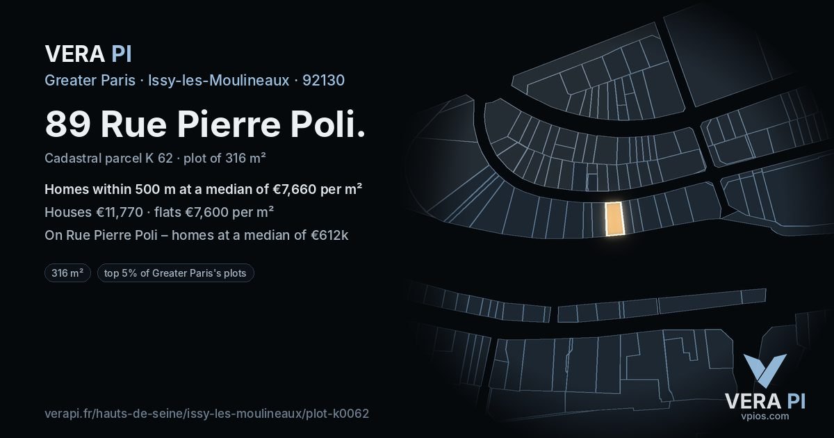 89 Rue Pierre Poli, Issy-les-Moulineaux at night – the plot lit, the parcels around coloured by the prices near them