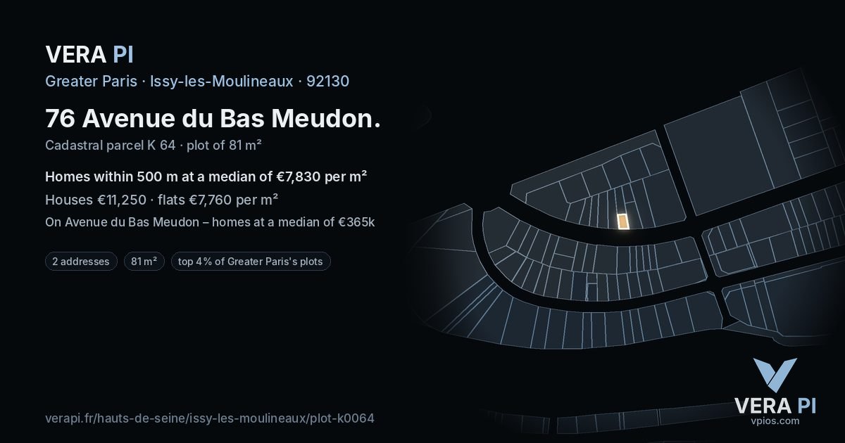 76 Avenue du Bas Meudon, Issy-les-Moulineaux at night – the plot lit, the parcels around coloured by the prices near them