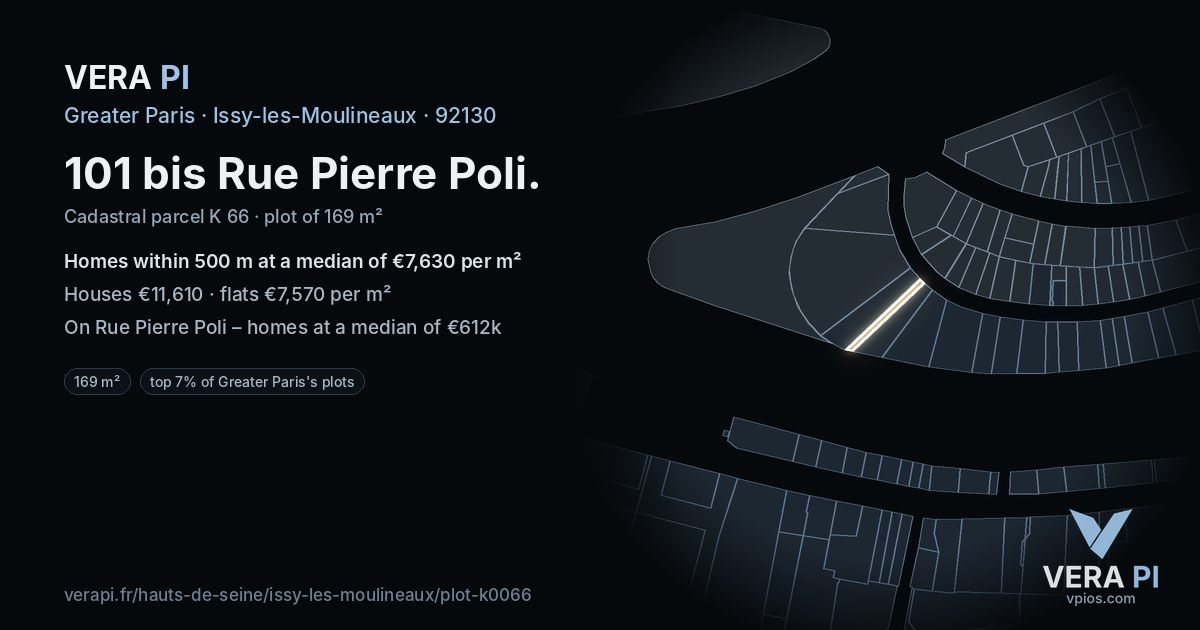 101 bis Rue Pierre Poli, Issy-les-Moulineaux at night – the plot lit, the parcels around coloured by the prices near them