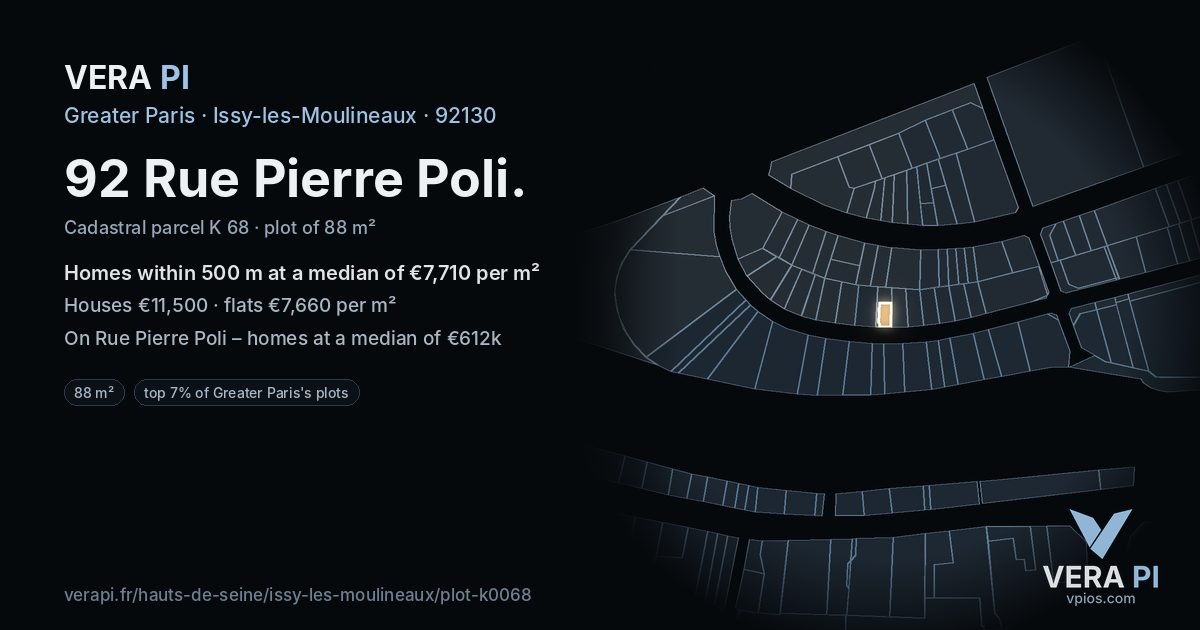 92 Rue Pierre Poli, Issy-les-Moulineaux at night – the plot lit, the parcels around coloured by the prices near them