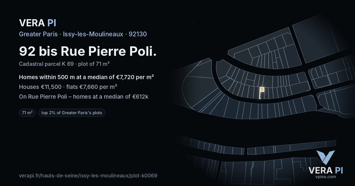 92 bis Rue Pierre Poli, Issy-les-Moulineaux at night – the plot lit, the parcels around coloured by the prices near them
