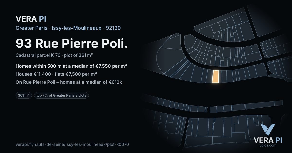93 Rue Pierre Poli, Issy-les-Moulineaux at night – the plot lit, the parcels around coloured by the prices near them