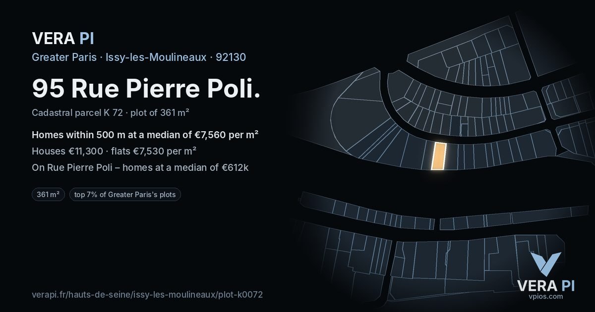 95 Rue Pierre Poli, Issy-les-Moulineaux at night – the plot lit, the parcels around coloured by the prices near them