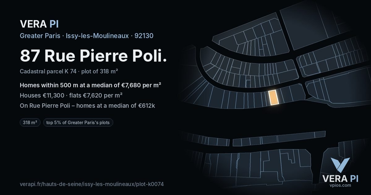 87 Rue Pierre Poli, Issy-les-Moulineaux at night – the plot lit, the parcels around coloured by the prices near them