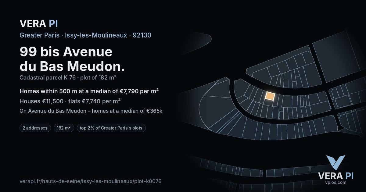 99 bis Avenue du Bas Meudon, Issy-les-Moulineaux at night – the plot lit, the parcels around coloured by the prices near them