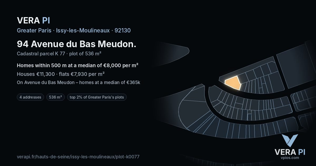 94 Avenue du Bas Meudon, Issy-les-Moulineaux at night – the plot lit, the parcels around coloured by the prices near them
