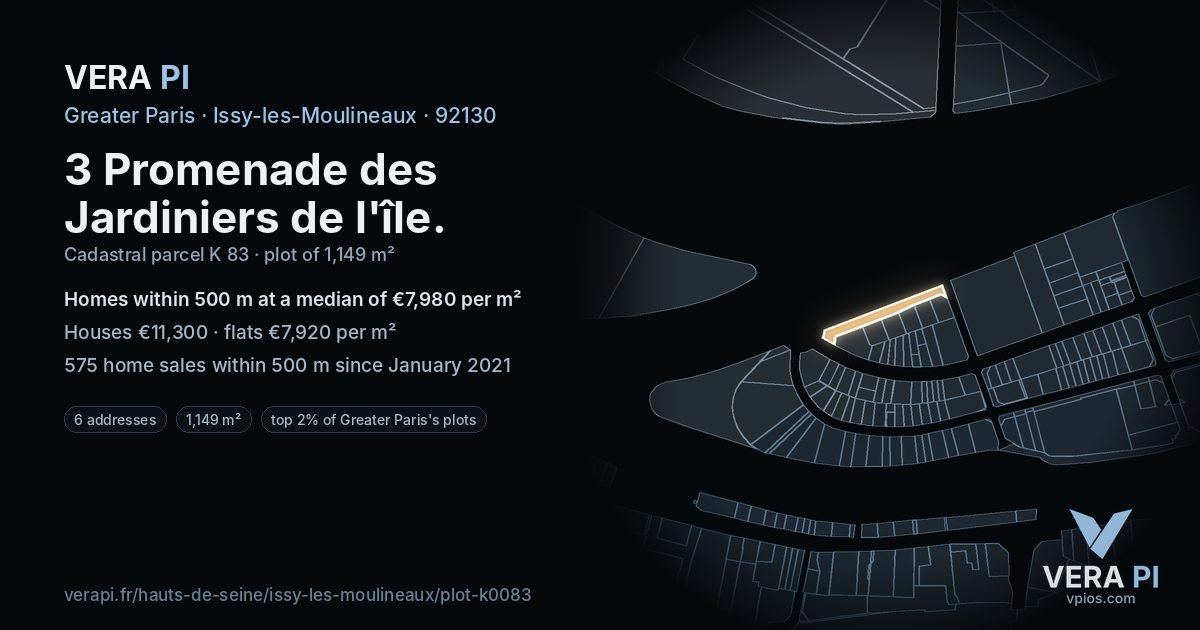 3 Promenade des Jardiniers de l'île, Issy-les-Moulineaux at night – the plot lit, the parcels around coloured by the prices near them