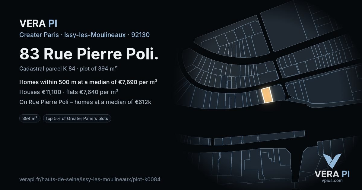 83 Rue Pierre Poli, Issy-les-Moulineaux at night – the plot lit, the parcels around coloured by the prices near them