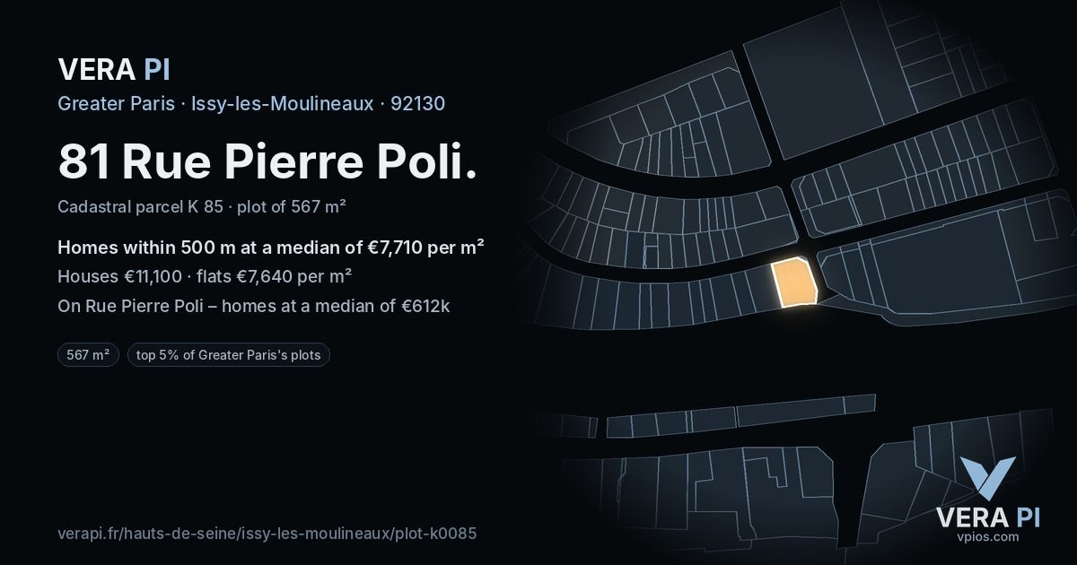 81 Rue Pierre Poli, Issy-les-Moulineaux at night – the plot lit, the parcels around coloured by the prices near them
