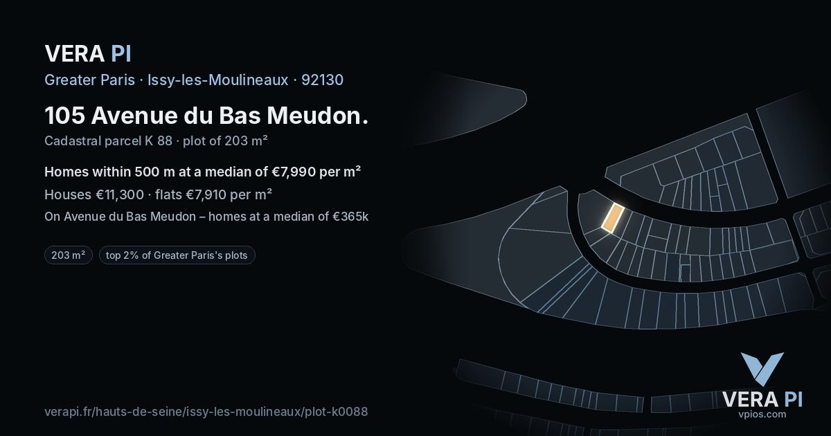 105 Avenue du Bas Meudon, Issy-les-Moulineaux at night – the plot lit, the parcels around coloured by the prices near them