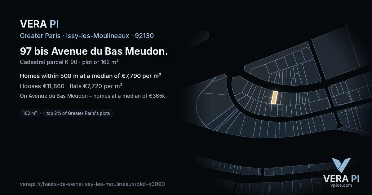 97 bis Avenue du Bas Meudon, Issy-les-Moulineaux at night – the plot lit, the parcels around coloured by the prices near them