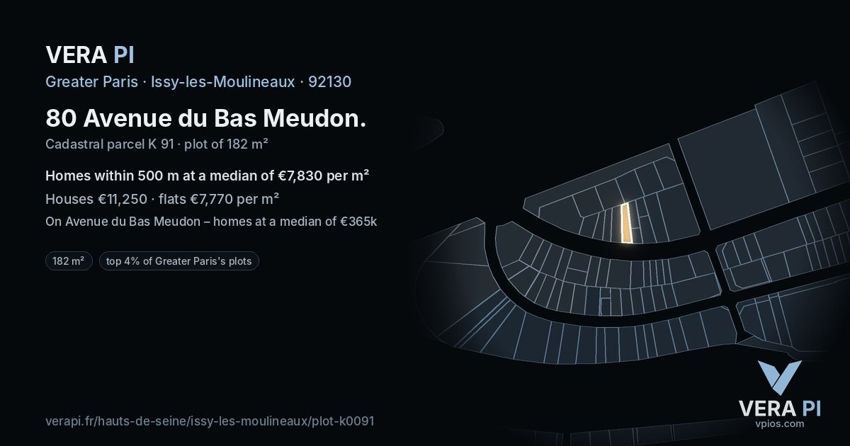 80 Avenue du Bas Meudon, Issy-les-Moulineaux at night – the plot lit, the parcels around coloured by the prices near them
