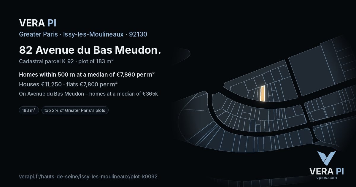 82 Avenue du Bas Meudon, Issy-les-Moulineaux at night – the plot lit, the parcels around coloured by the prices near them