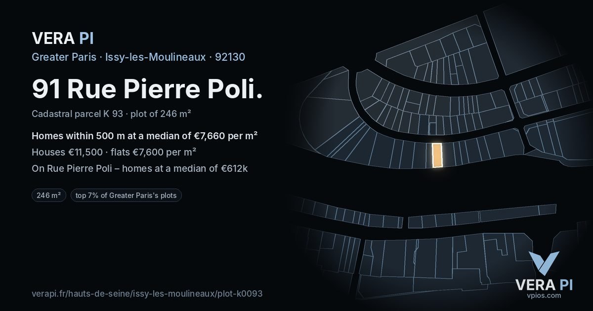 91 Rue Pierre Poli, Issy-les-Moulineaux at night – the plot lit, the parcels around coloured by the prices near them