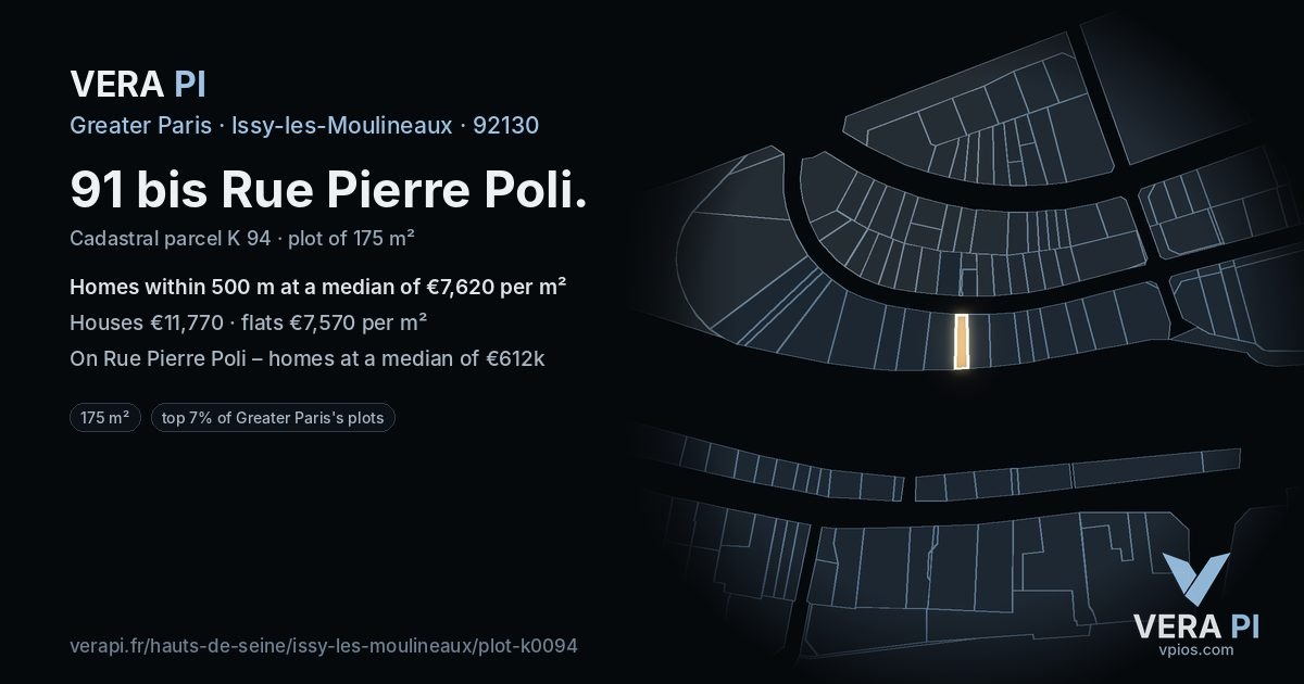 91 bis Rue Pierre Poli, Issy-les-Moulineaux at night – the plot lit, the parcels around coloured by the prices near them