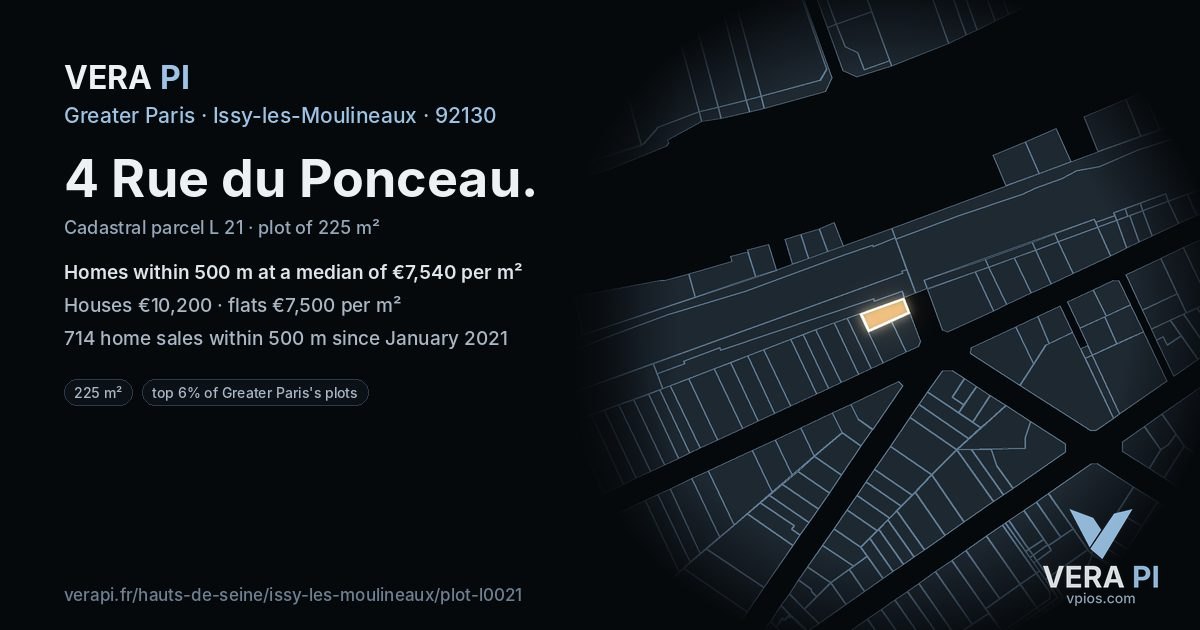 4 Rue du Ponceau, Issy-les-Moulineaux at night – the plot lit, the parcels around coloured by the prices near them