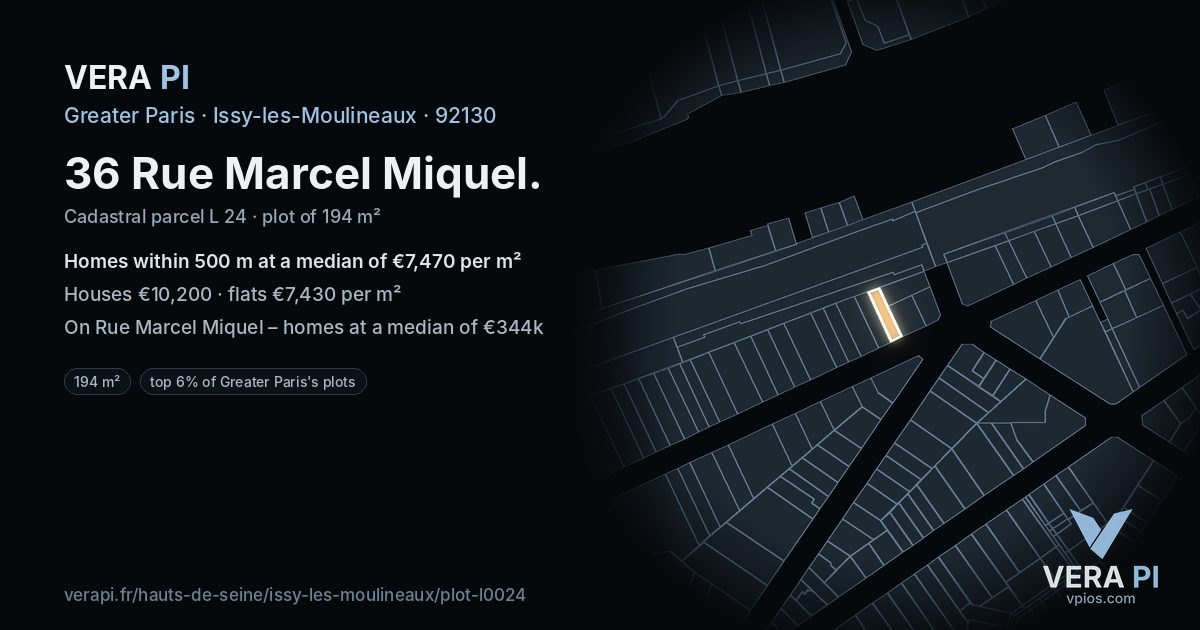 36 Rue Marcel Miquel, Issy-les-Moulineaux at night – the plot lit, the parcels around coloured by the prices near them