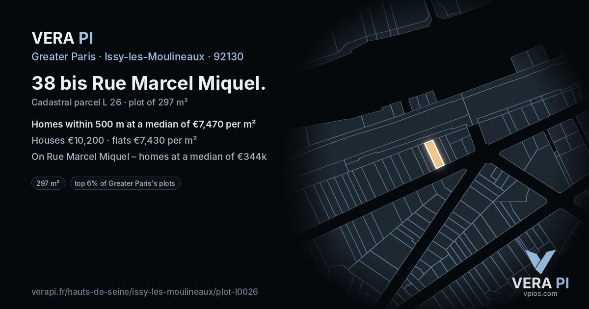 38 bis Rue Marcel Miquel, Issy-les-Moulineaux at night – the plot lit, the parcels around coloured by the prices near them