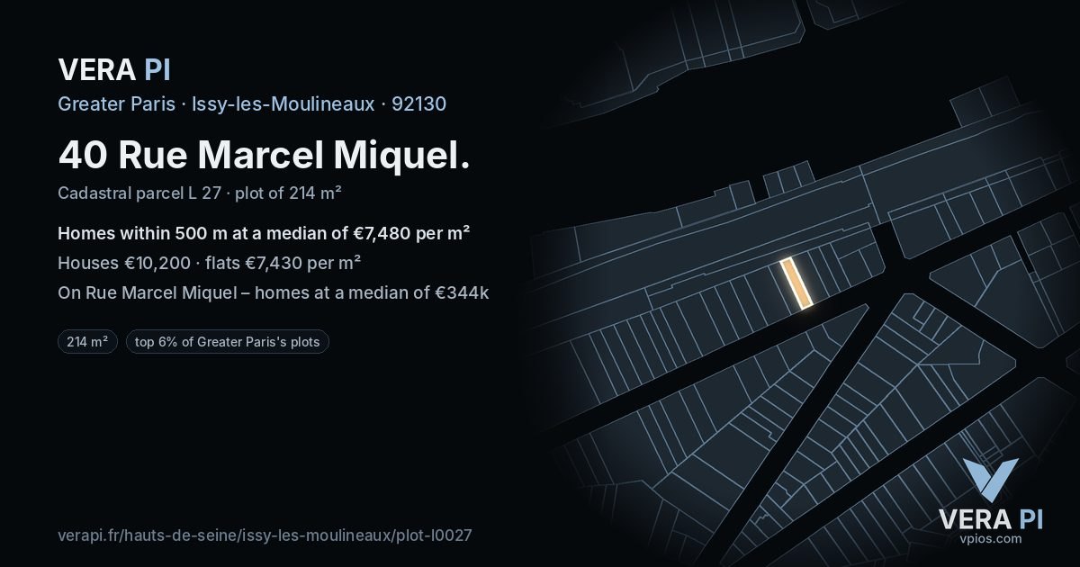 40 Rue Marcel Miquel, Issy-les-Moulineaux at night – the plot lit, the parcels around coloured by the prices near them