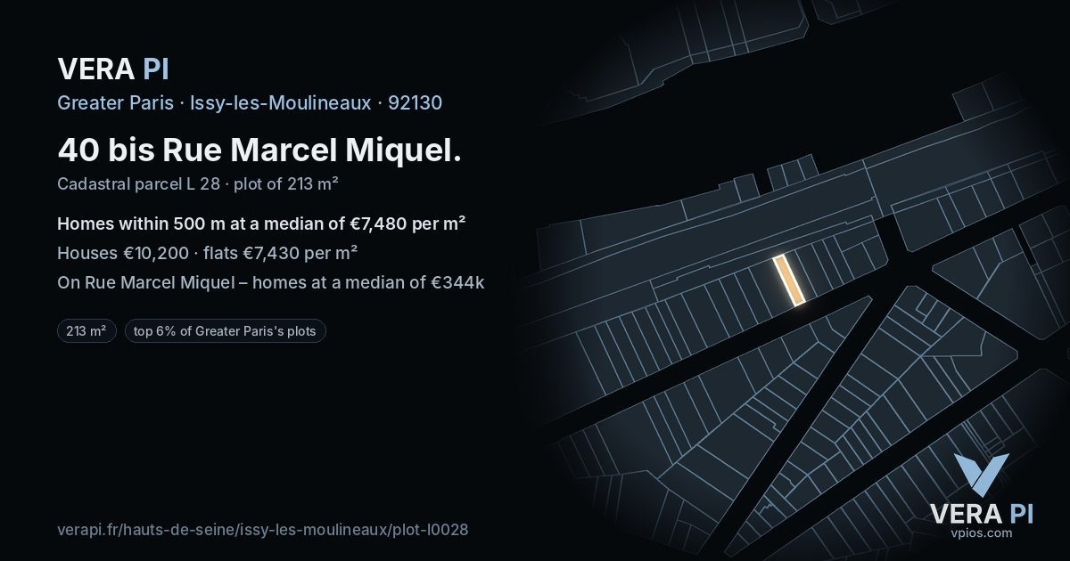 40 bis Rue Marcel Miquel, Issy-les-Moulineaux at night – the plot lit, the parcels around coloured by the prices near them