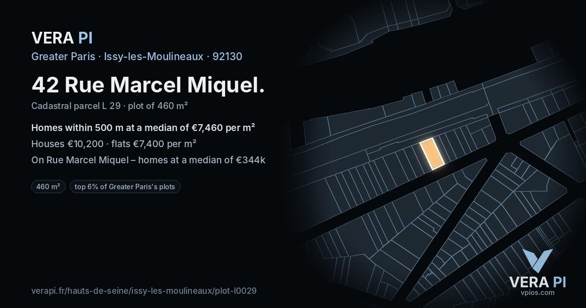 42 Rue Marcel Miquel, Issy-les-Moulineaux at night – the plot lit, the parcels around coloured by the prices near them